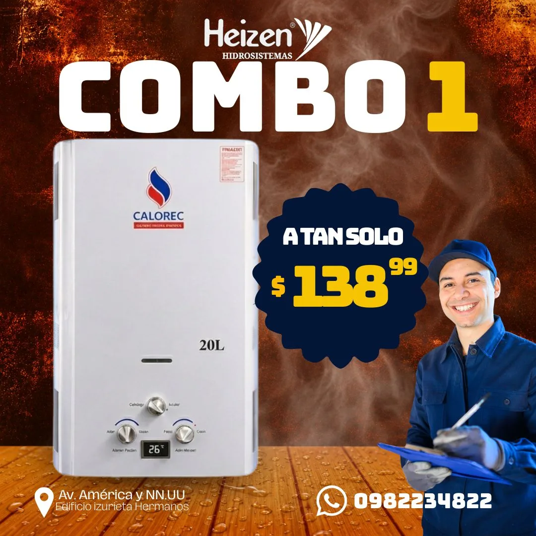 Combo 1 — Calefón Calorec 20 litros: Solo el calefón. $138,99.