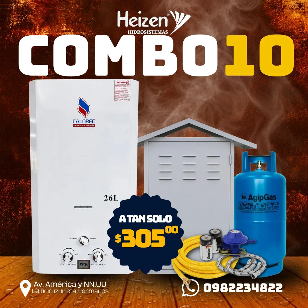 Combo 10 — Calefón Calorec 26 litros: Kit + caseta + cilindro. El combo completo: kit, caseta y cilindro de gas. Precio $305.