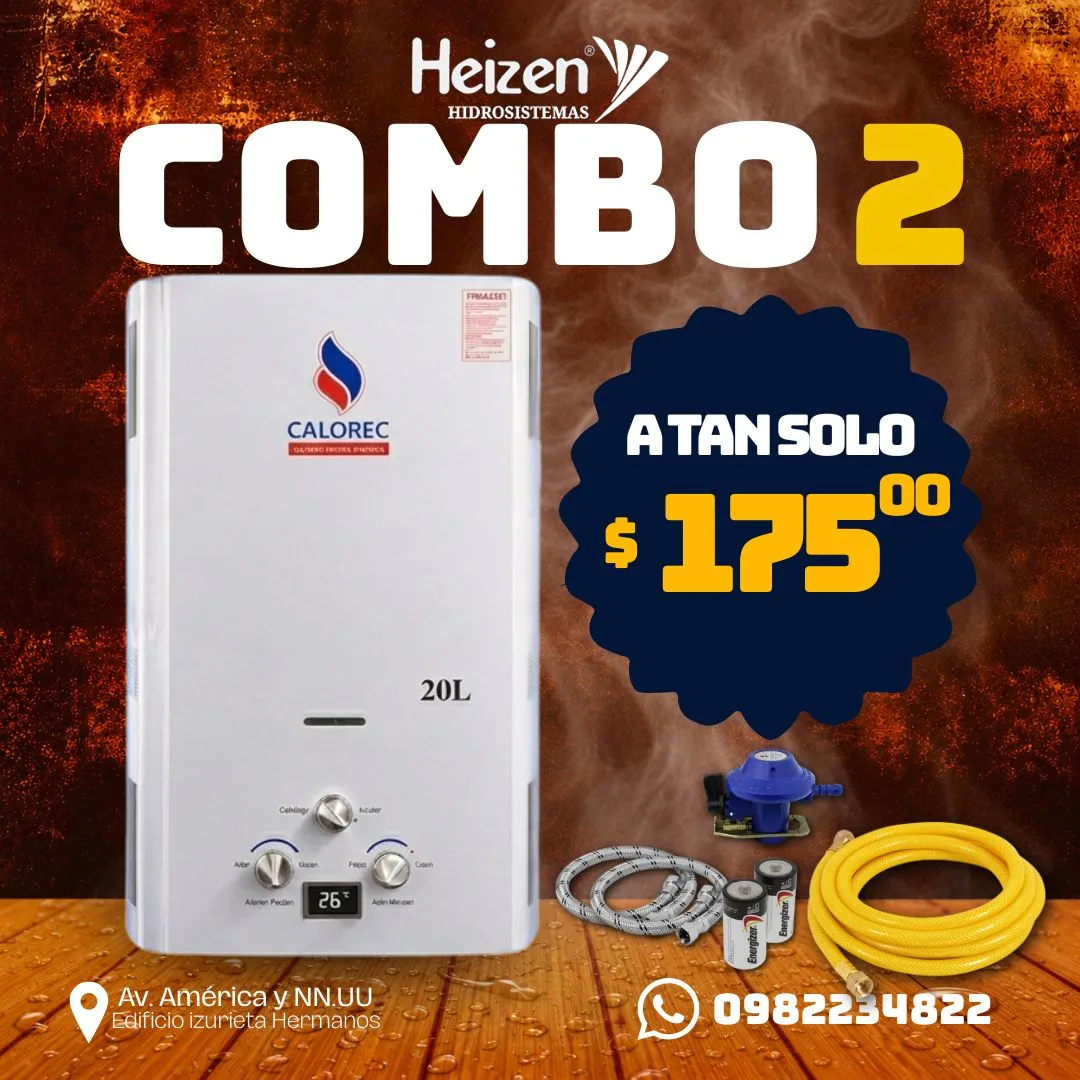 Combo 2 — Calefón Calorec 20 litros: Calefón + kit completo. $175.