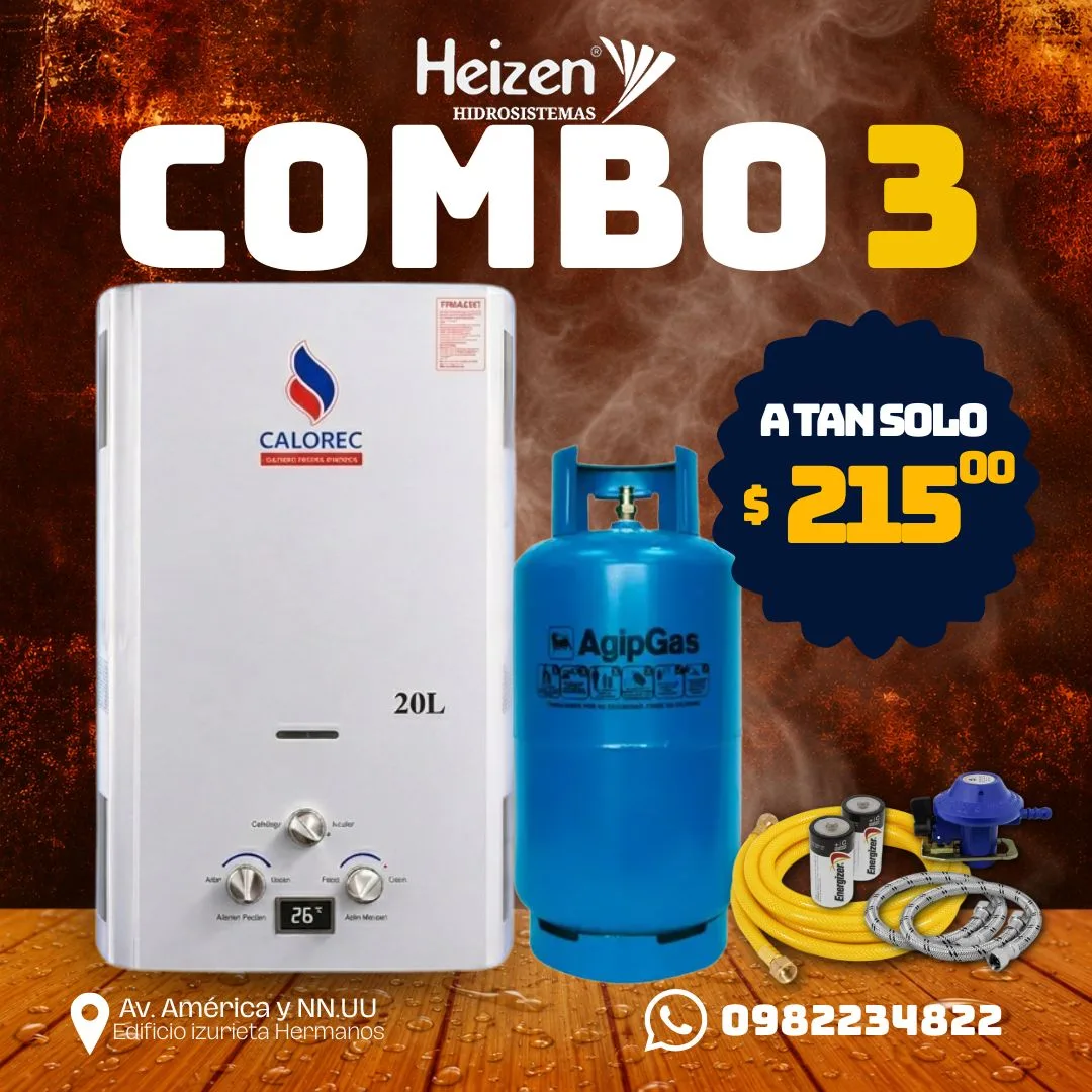 Combo 3 — Calefón Calorec 20 litros: Kit + cilindro de gas. $215.
