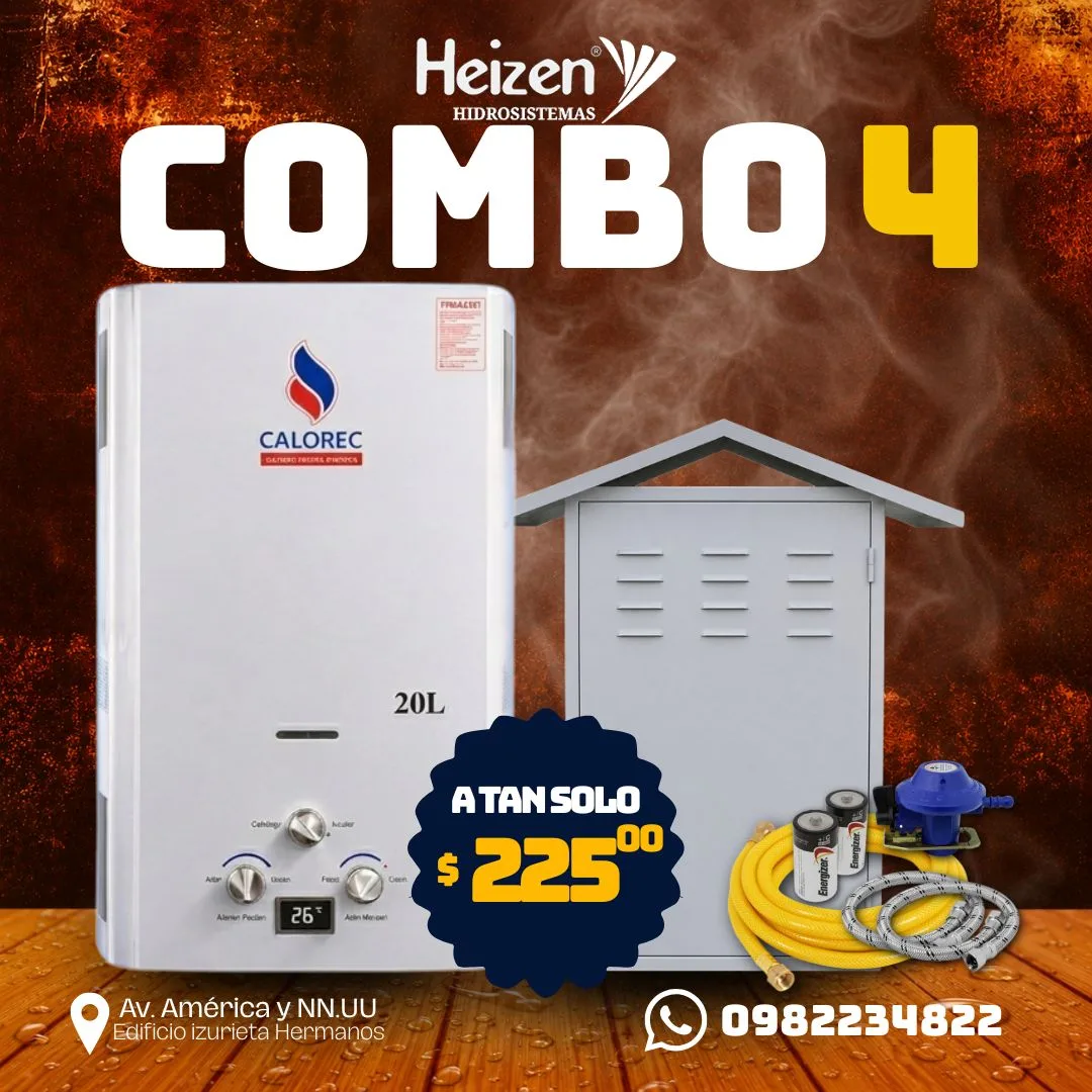 Combo 4 — Calefón Calorec 20 litros: Kit + caseta metálica. $225.