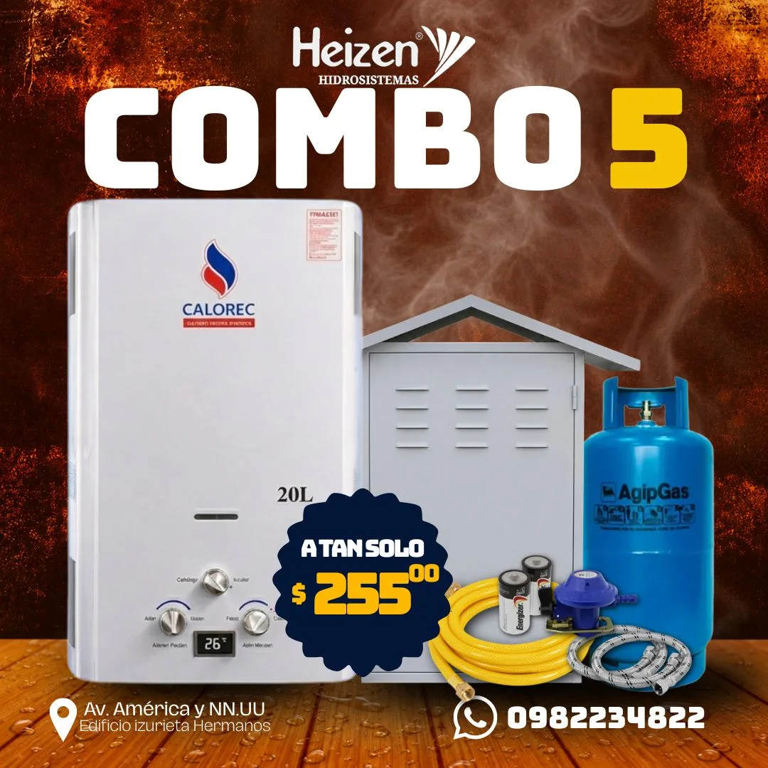 Combo 5 — Calefón Calorec 20 litros: Kit + caseta + cilindro. $255.
