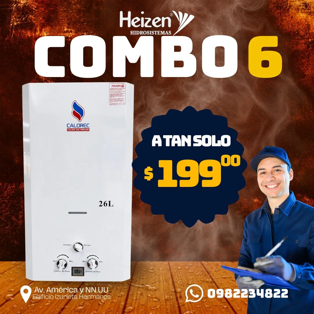 Combo 6 — Calefón Calorec 26 litros: Calefón + instalación. Calefón nuevo e instalación profesional. Precio $199.