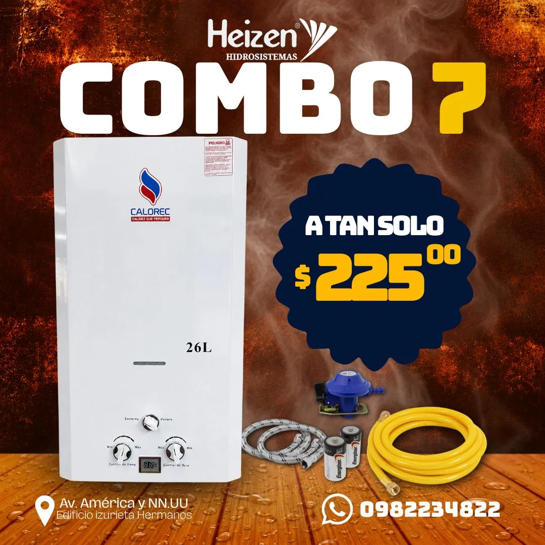 Combo 7 — Calefón Calorec 26 litros: Calefón + kit completo. Calefón, instalación y kit completo de instalación. Precio $225.