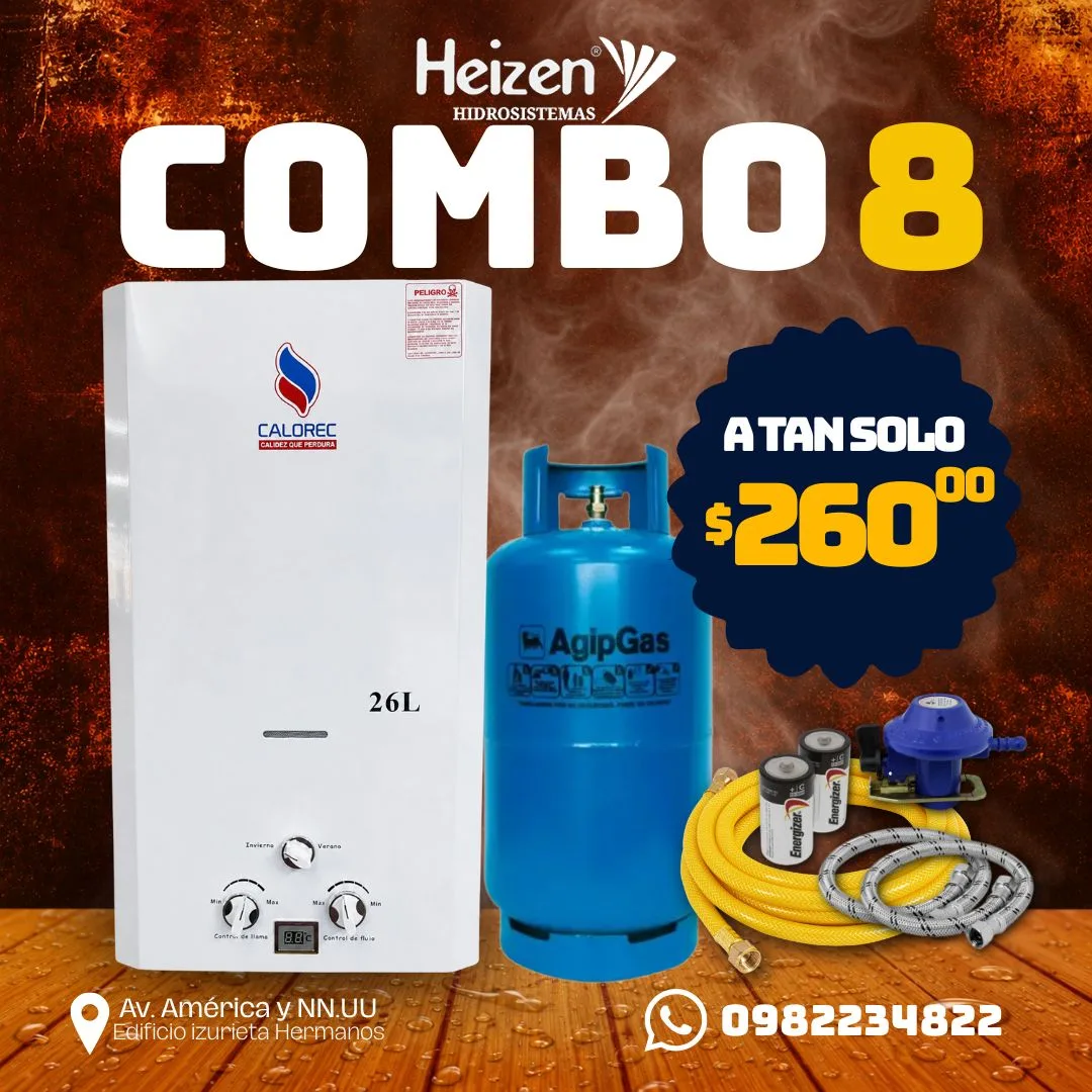Combo 8 — Calefón Calorec 26 litros: Kit + cilindro de gas. Todo el kit más tu cilindro de gas nuevo. Precio $260.