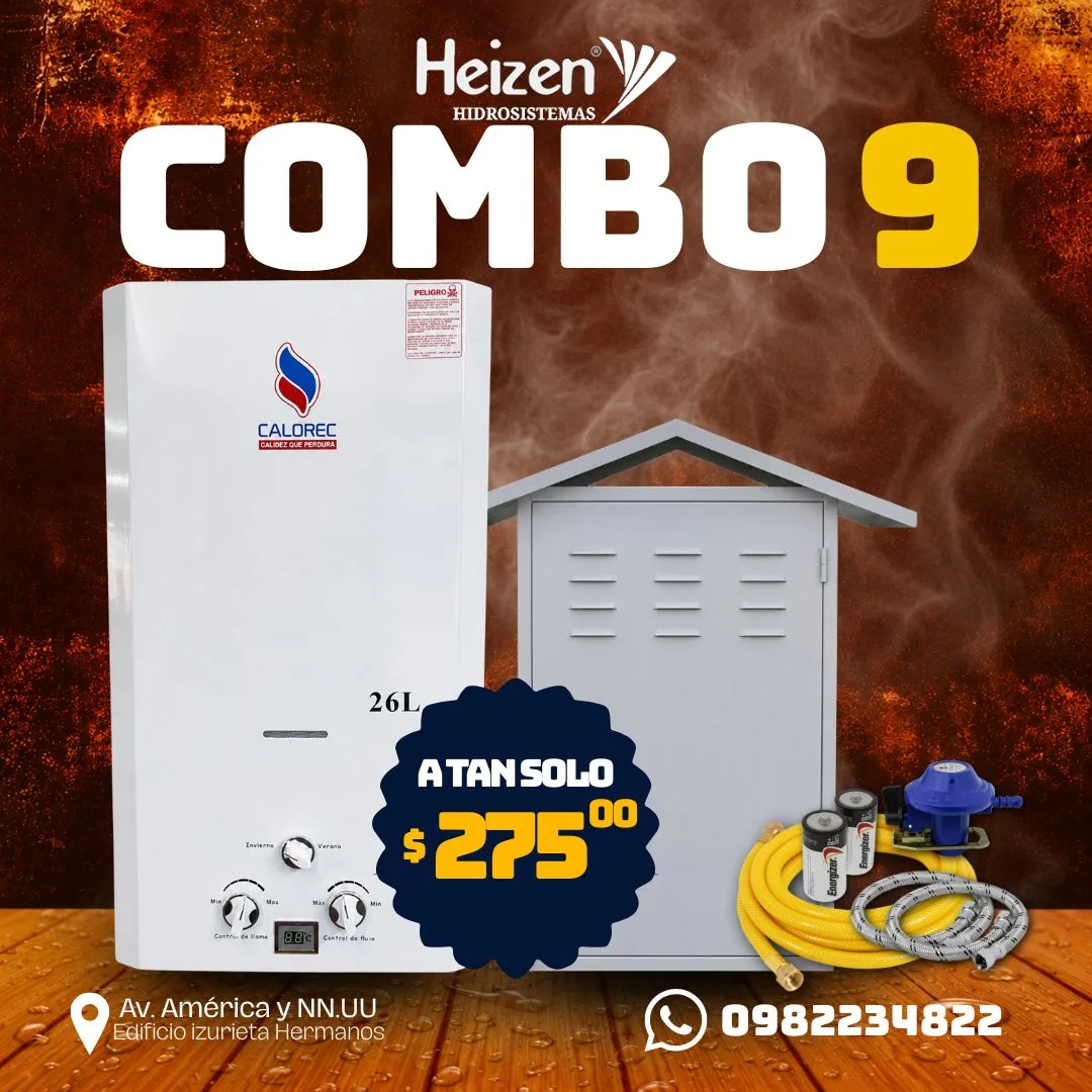 Combo 9 — Calefón Calorec 26 litros: Kit + caseta metálica. Todo el kit más caseta metálica de protección. Precio $275.