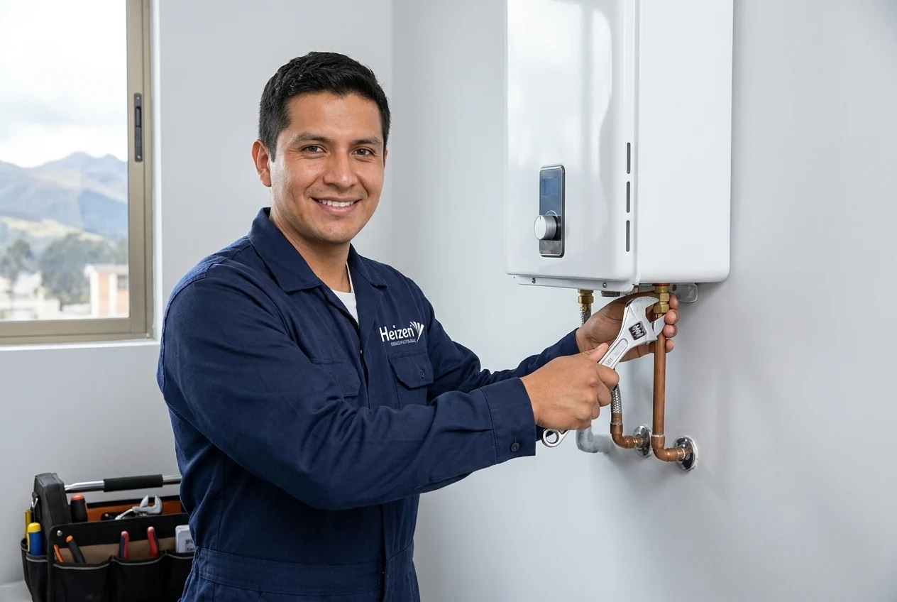Técnico Heizen instalando un calefón